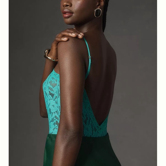 By Anthropologie V-Neck Sheer Lace Bodysuit- Turquoise - Picture 2 of 3